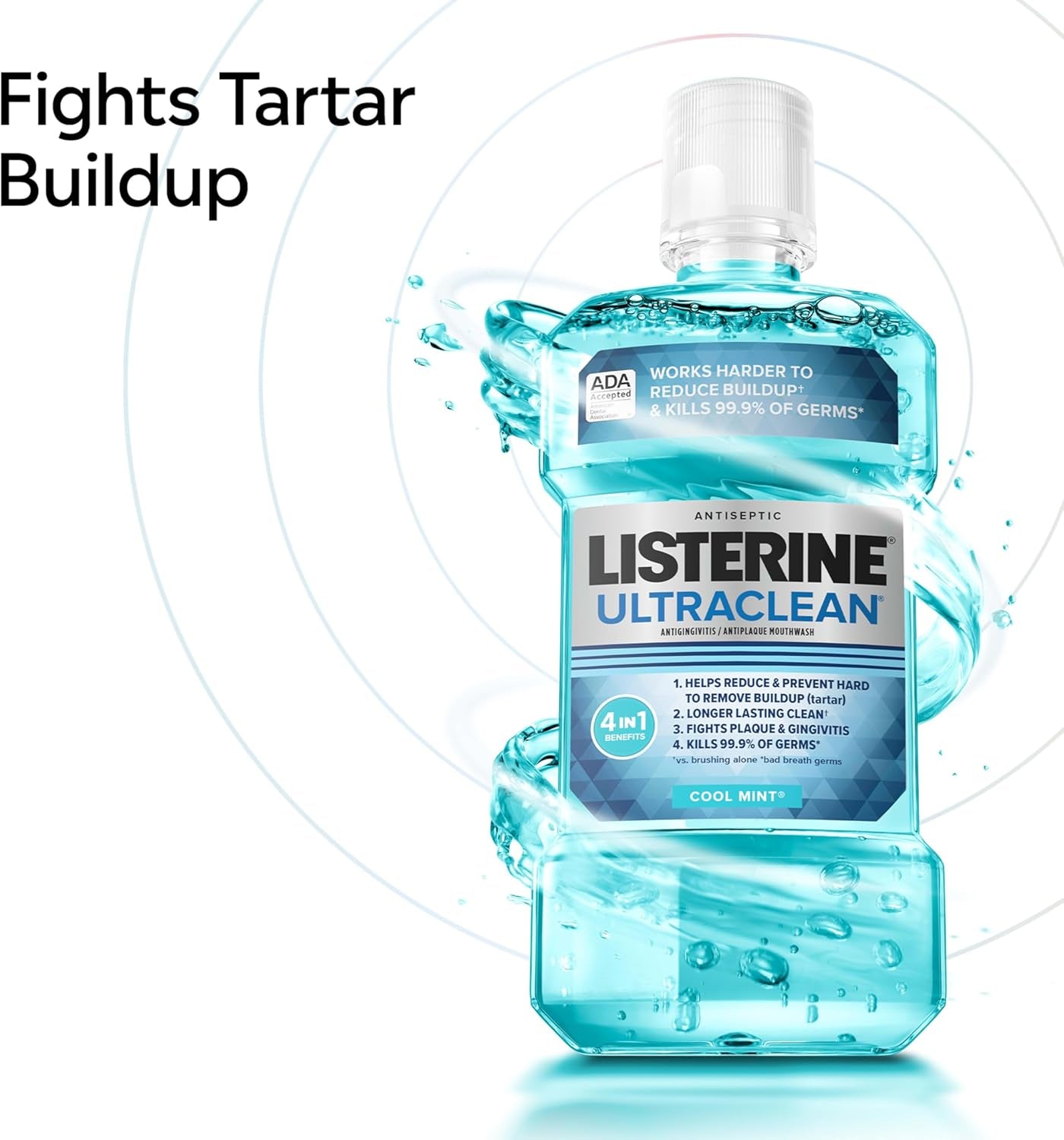 Ultraclean Oral Care Antiseptic Mouthwash, Everfresh Technology to Help Fight Bad Breath, Gingivitis, Plaque & Tartar, Ada-Accepted Tartar Control Oral Rinse, Cool Mint, 1 L